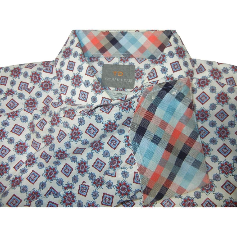 Thomas Dean Men Large Shirt Purple Geometric Long Sleeve Button Front Cotton
